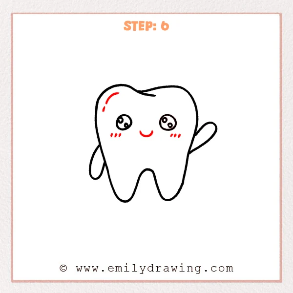 how to draw a cartoon tooth - Finished cartoon tooth character with a small smile, cheek blush marks, and upper-left highlight strokes for a shiny look.